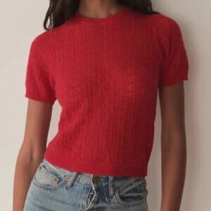 Doen Monica Alpaca Wool Pointelle Short Sleeve Sweater Top Cherry Red